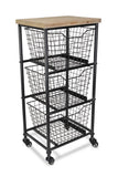 32" Black And Natural Metal And Wood Basket Storage Rolling Cabinet