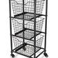 32" Black And Natural Metal And Wood Basket Storage Rolling Cabinet
