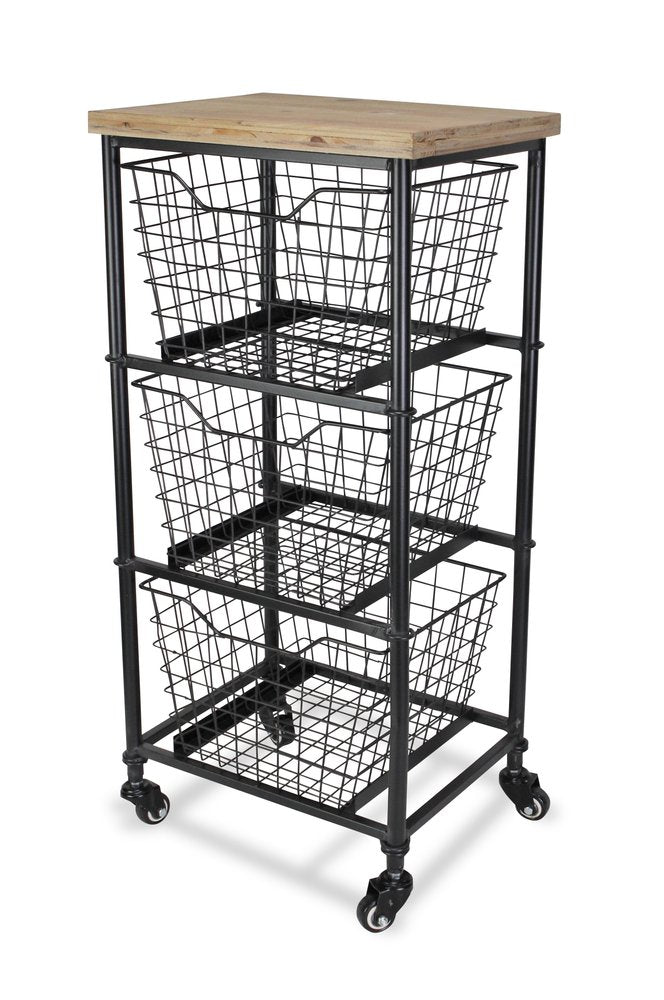 32" Black And Natural Metal And Wood Basket Storage Rolling Cabinet