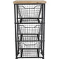 32" Black And Natural Metal And Wood Basket Storage Rolling Cabinet
