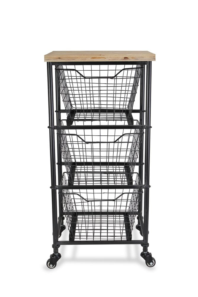 32" Black And Natural Metal And Wood Basket Storage Rolling Cabinet