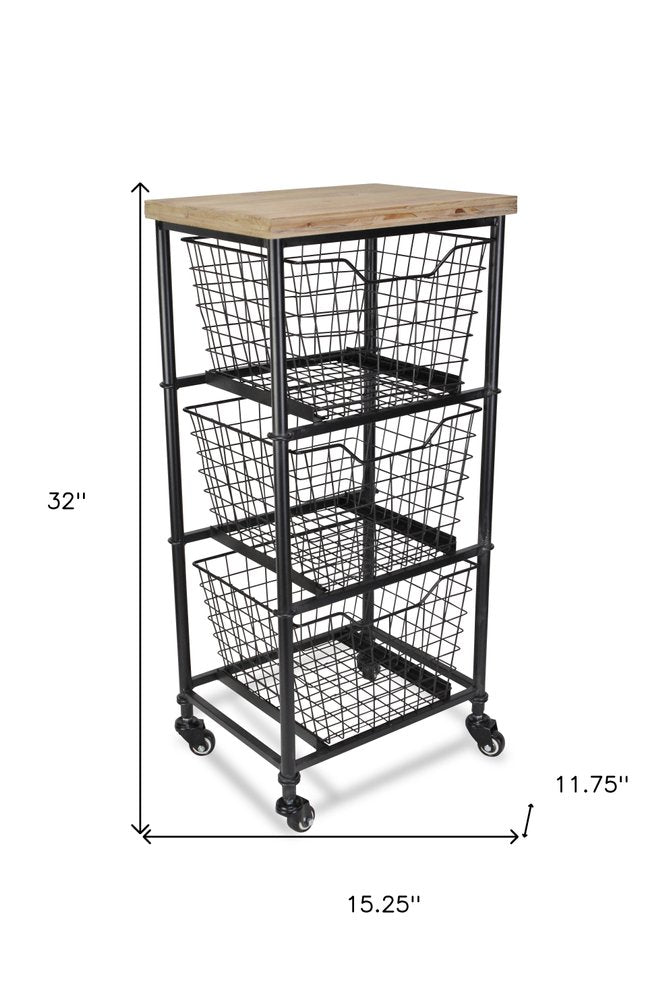 32" Black And Natural Metal And Wood Basket Storage Rolling Cabinet