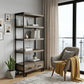 71" Brown Distressed Solid Wood Four Tier Etagere Bookcase with Two Drawers