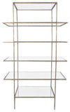 59" Antiqued Gold And Clear Iron and Glass Five Tier Etagere Bookcase