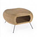 38" Natural and Black Rattan and Iron Oval Coffee Table