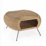 38" Natural and Black Rattan and Iron Oval Coffee Table