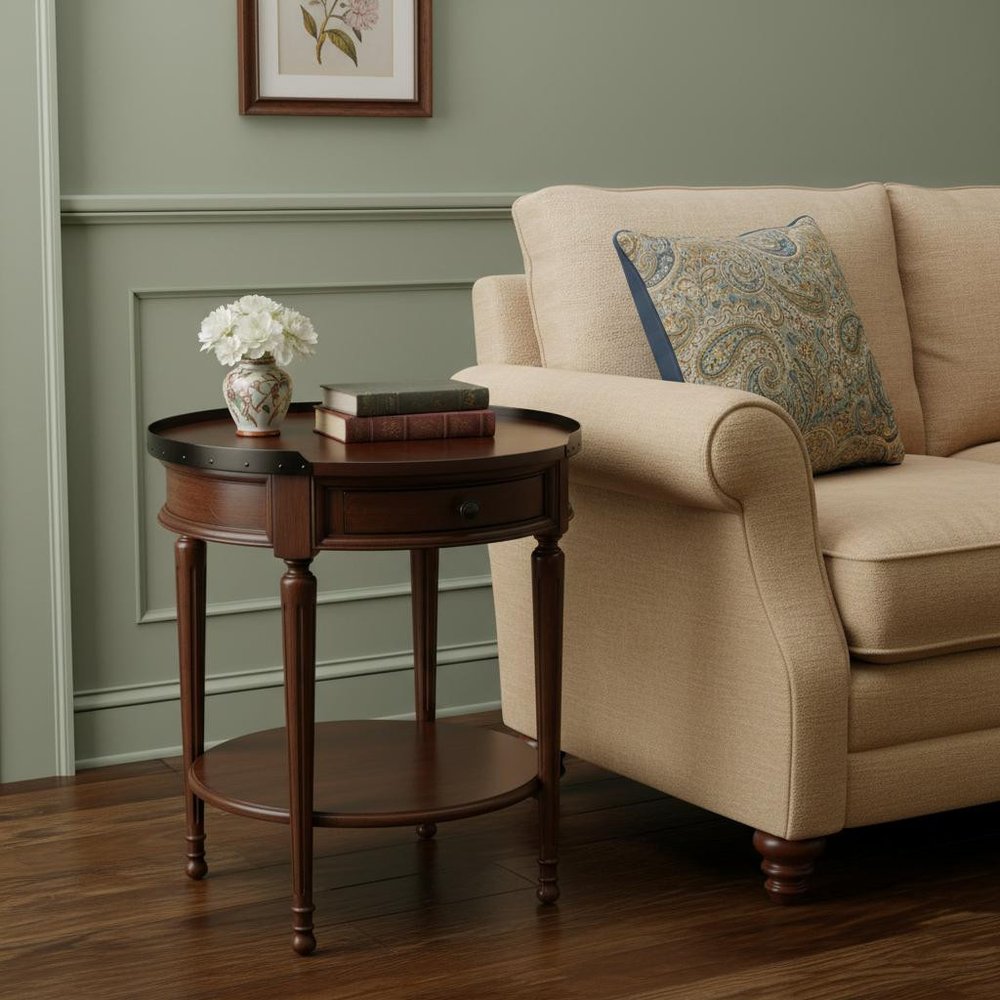 26" Medium Brown Manufactured Wood Round End Table With Drawer And Shelf