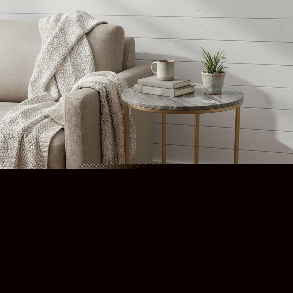 23" Brass And Gray Marble Round End Table
