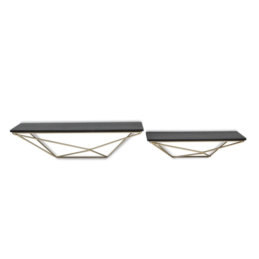 Set Of Two Black And Gold Wood And Metal Modern Wall Mounted Accent Shelves