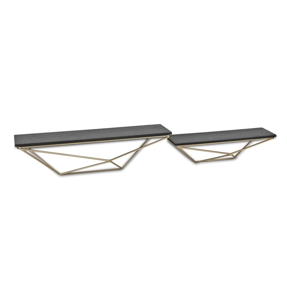 Set Of Two Black And Gold Wood And Metal Modern Wall Mounted Accent Shelves