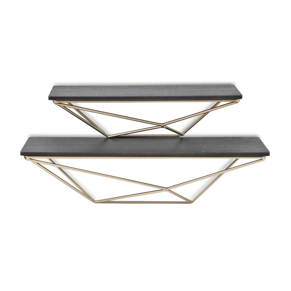 Set Of Two Black And Gold Wood And Metal Modern Wall Mounted Accent Shelves