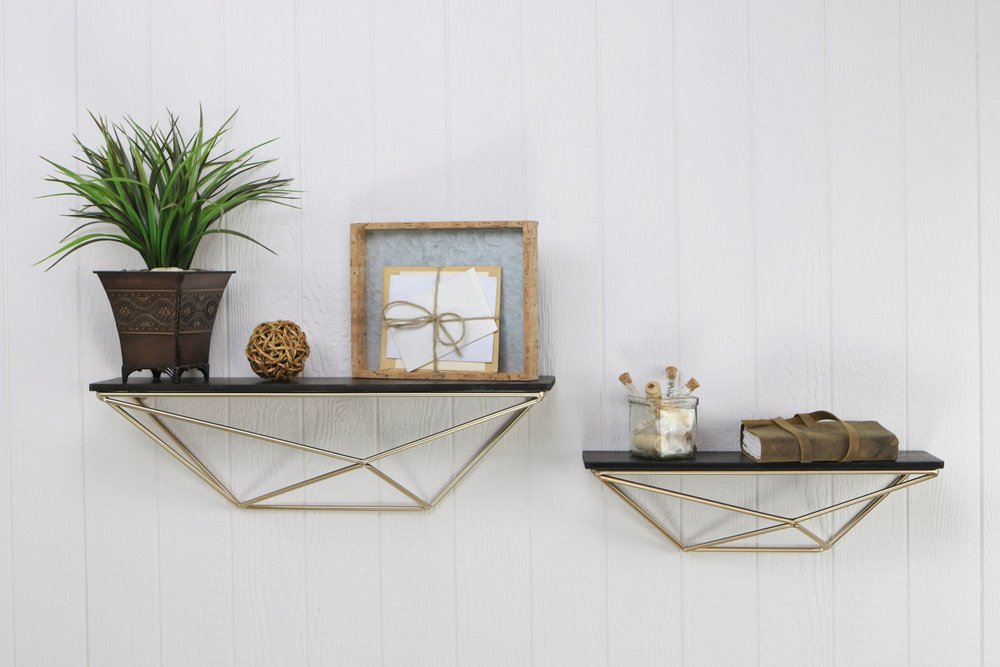 Set Of Two Black And Gold Wood And Metal Modern Wall Mounted Accent Shelves