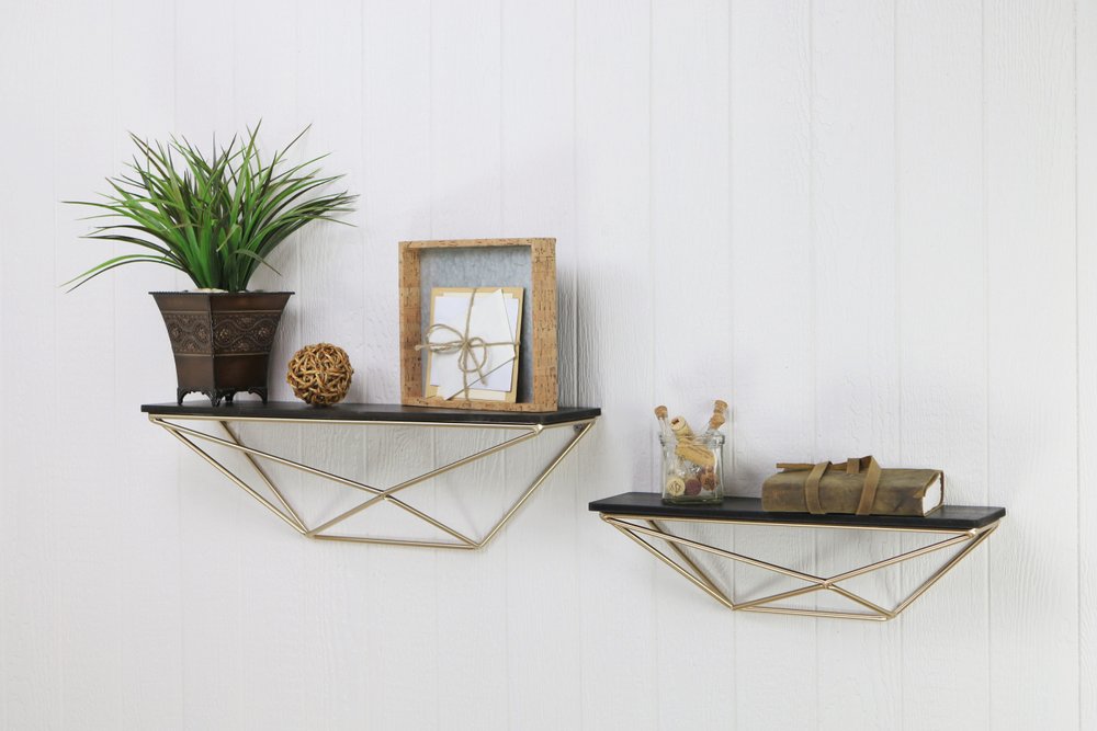 Set Of Two Black And Gold Wood And Metal Modern Wall Mounted Accent Shelves