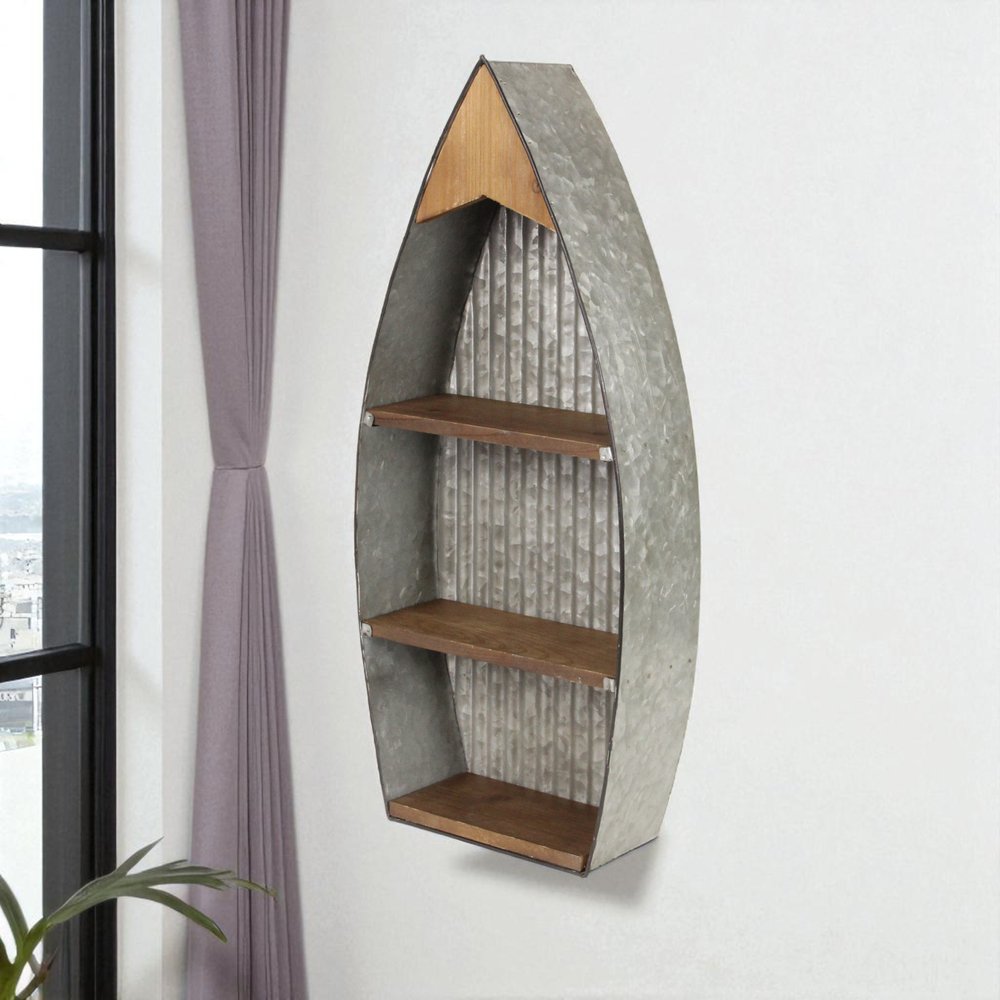 23" Brown And Gray Galvanized Metal And Wood Wall Mounted Boat Shelf