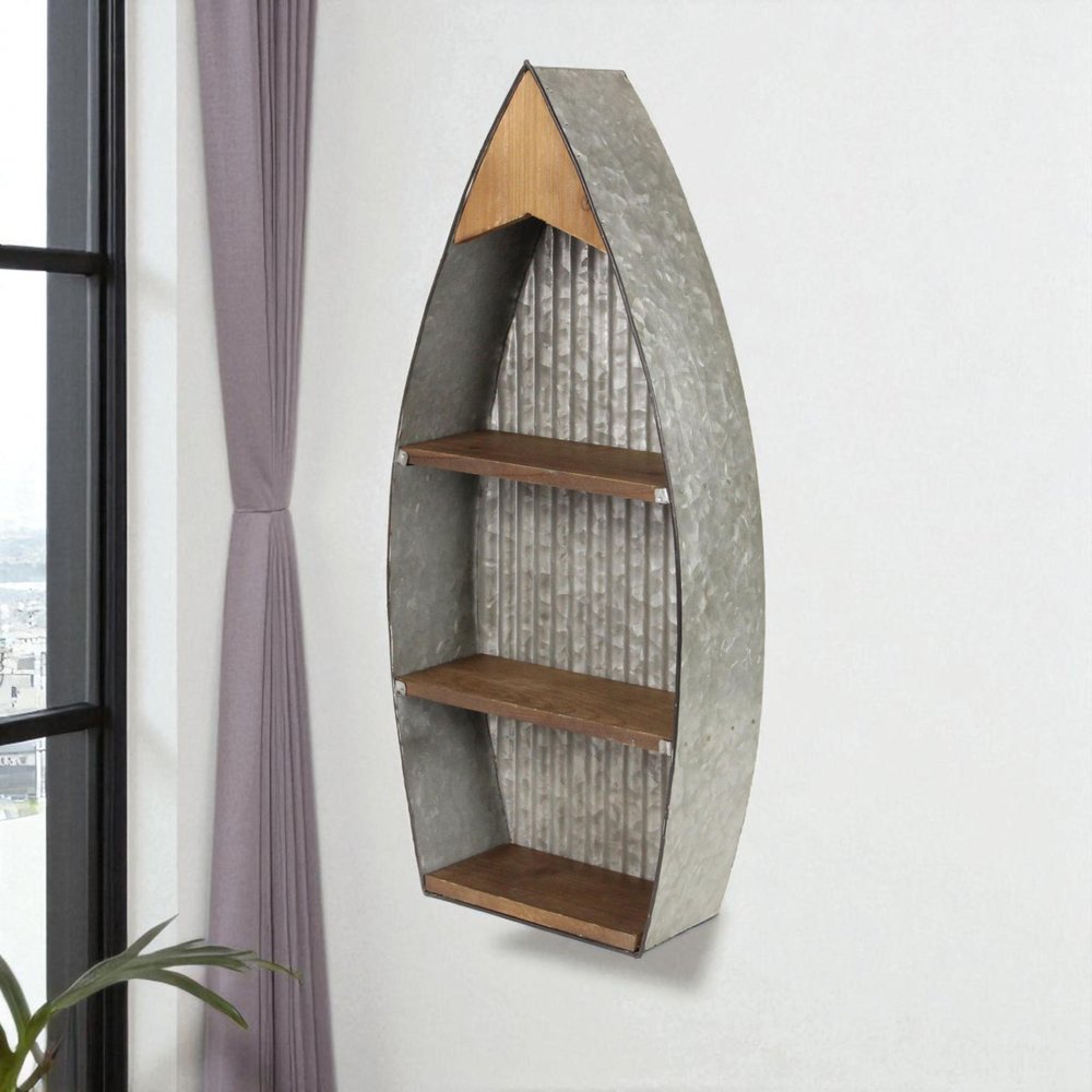 23" Brown And Gray Galvanized Metal And Wood Wall Mounted Boat Shelf
