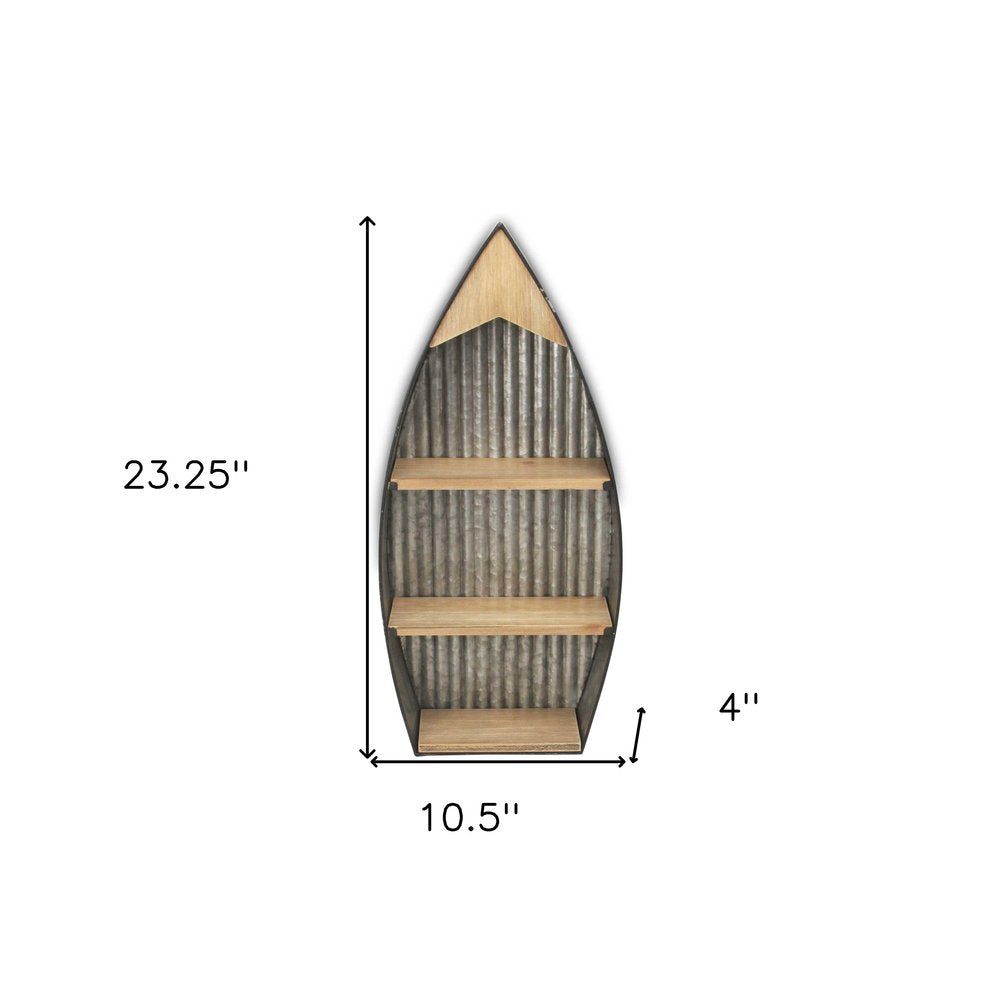 23" Brown And Gray Galvanized Metal And Wood Wall Mounted Boat Shelf
