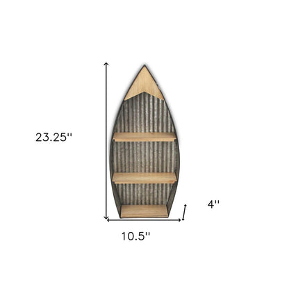 23" Brown And Gray Galvanized Metal And Wood Wall Mounted Boat Shelf