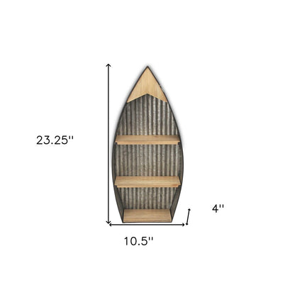 23" Brown And Gray Galvanized Metal And Wood Wall Mounted Boat Shelf