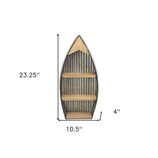 23" Brown And Gray Galvanized Metal And Wood Wall Mounted Boat Shelf