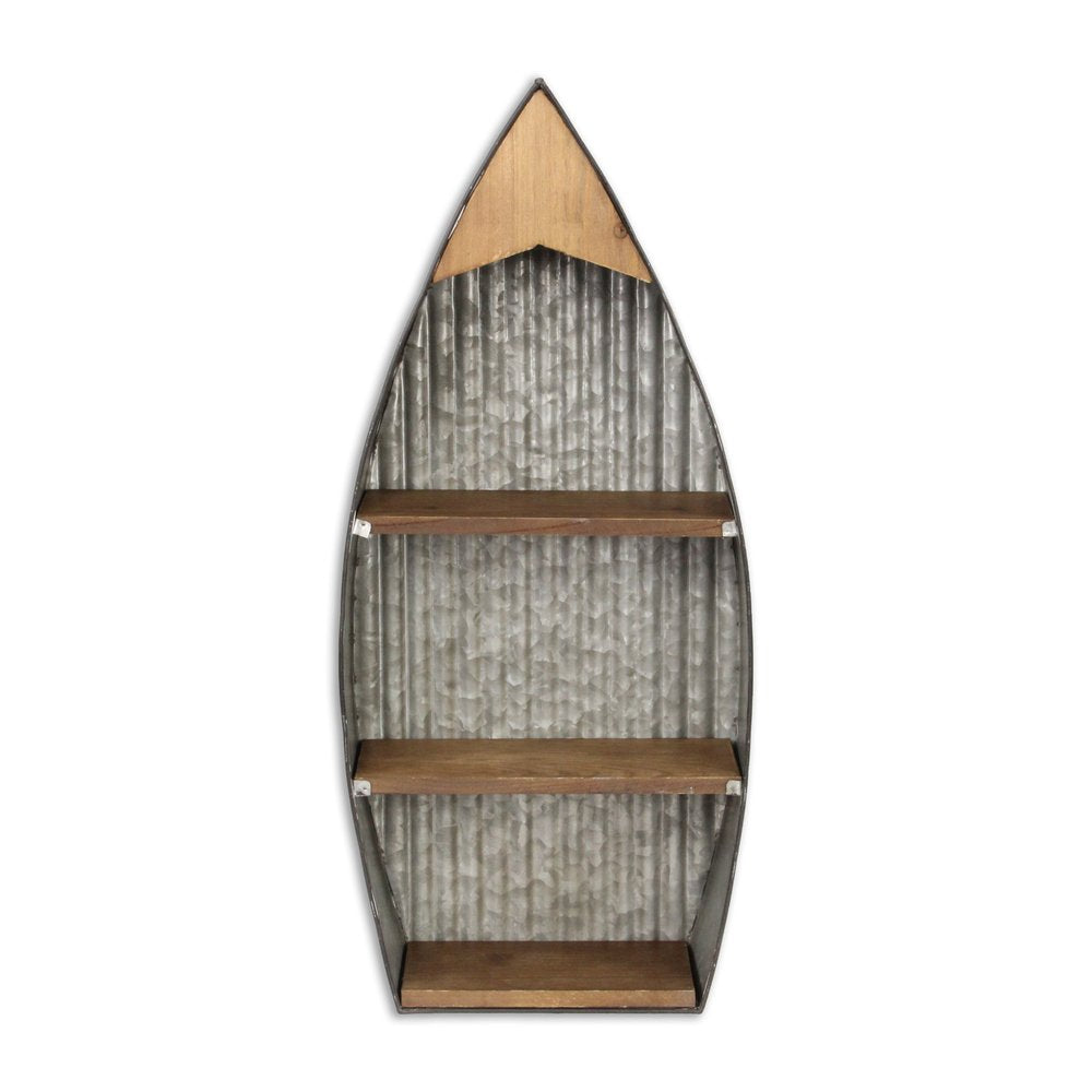 23" Brown And Gray Galvanized Metal And Wood Wall Mounted Boat Shelf