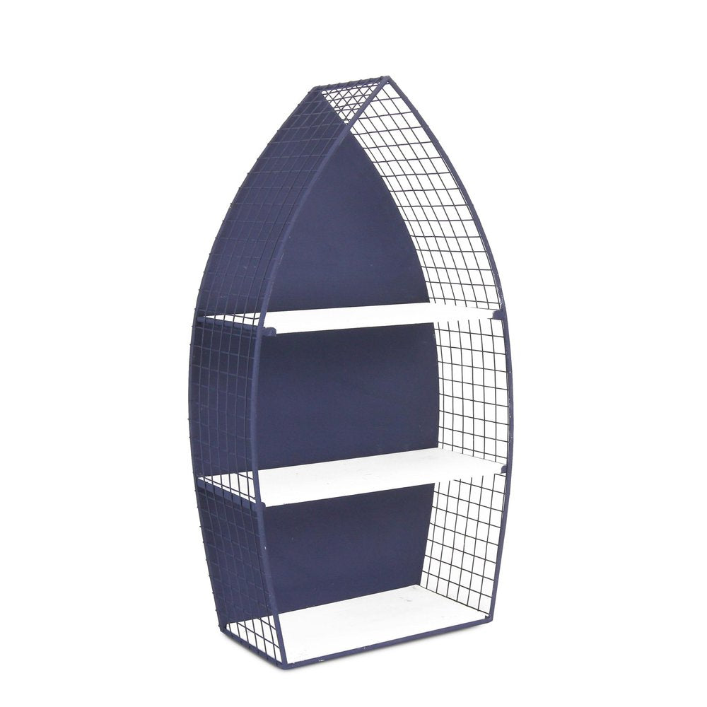 30" Navy Blue And White Metal and Wood Boat Shaped Bookcase