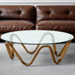 45" Clear and Brown Glass And Solid Wood Round Abstract Coffee Table