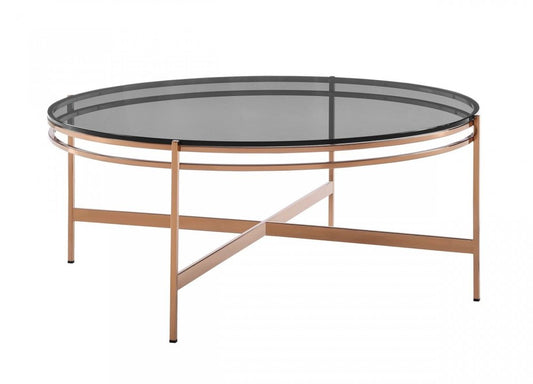 35" Gray and Gold Glass And Stainless Steel Round Coffee Table