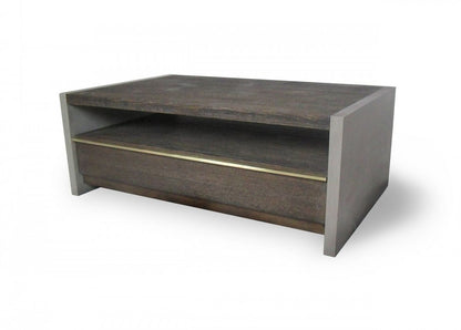 47" Brown and Dark Gray Solid Wood And Concrete Block Coffee Table With Drawer And Shelf