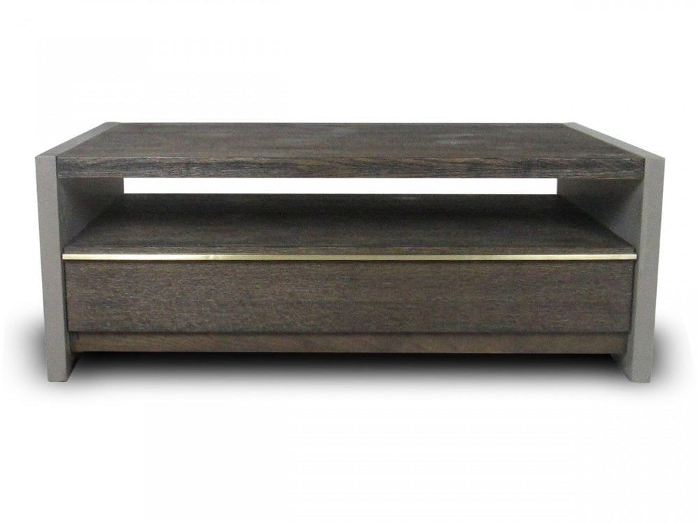 47" Brown and Dark Gray Solid Wood And Concrete Block Coffee Table With Drawer And Shelf