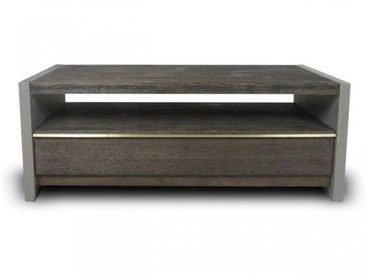 47" Brown and Dark Gray Solid Wood And Concrete Block Coffee Table With Drawer And Shelf