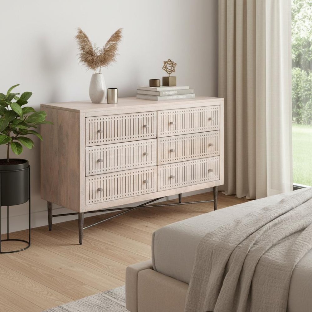 48" Brushed Ivory Solid Wood Six Drawer Double Dresser