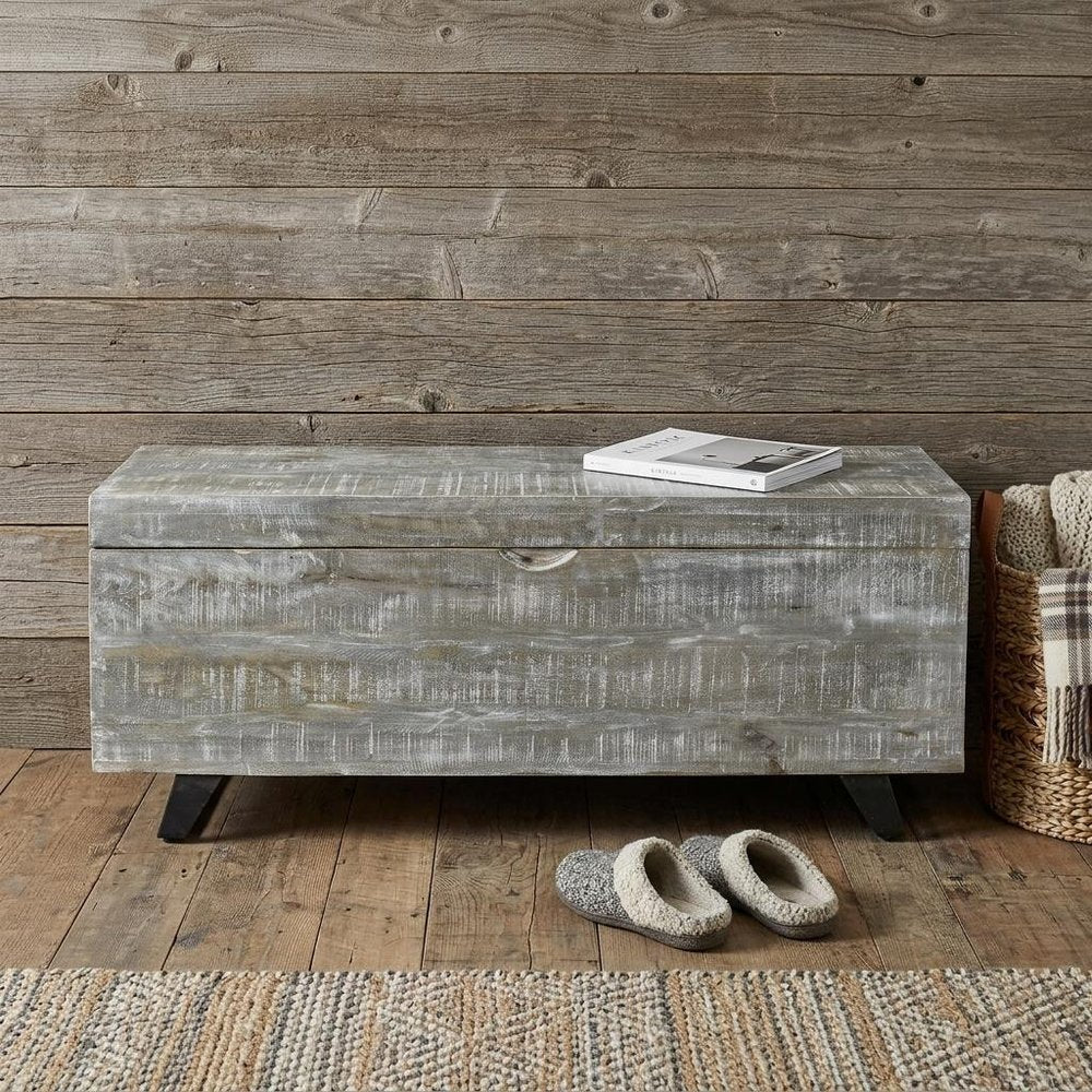 46" Gray and Black Distressed Solid Wood Storage Bench with Flip Top