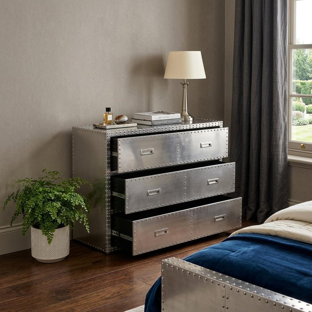 42" Silver Aluminum Three Drawer Dresser