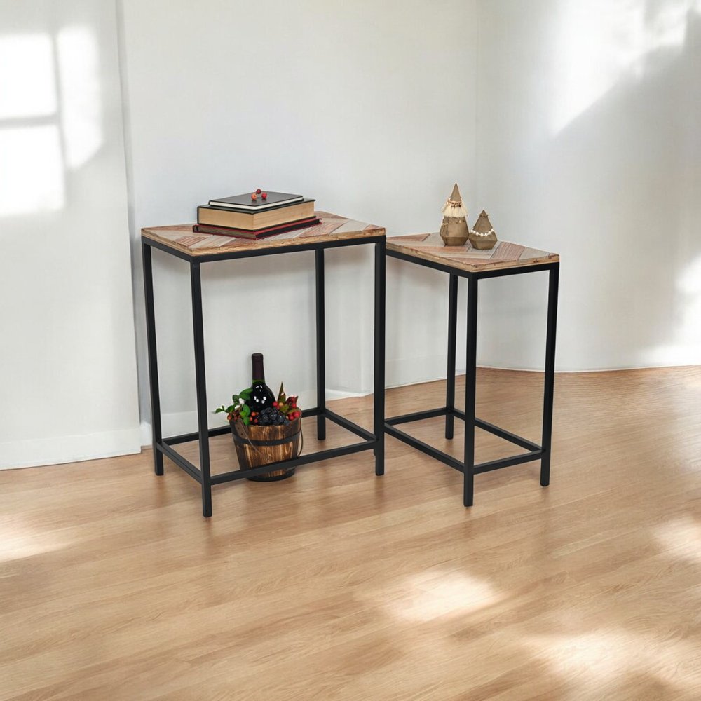 Set of Two 24" Black And Brown Solid Wood And Steel Nested Tables