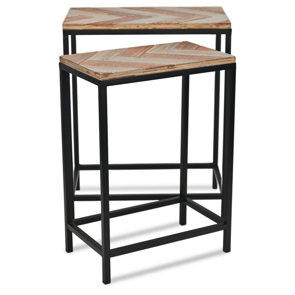 Set of Two 24" Black And Brown Solid Wood And Steel Nested Tables
