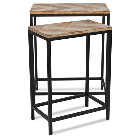 Set of Two 24" Black And Brown Solid Wood And Steel Nested Tables