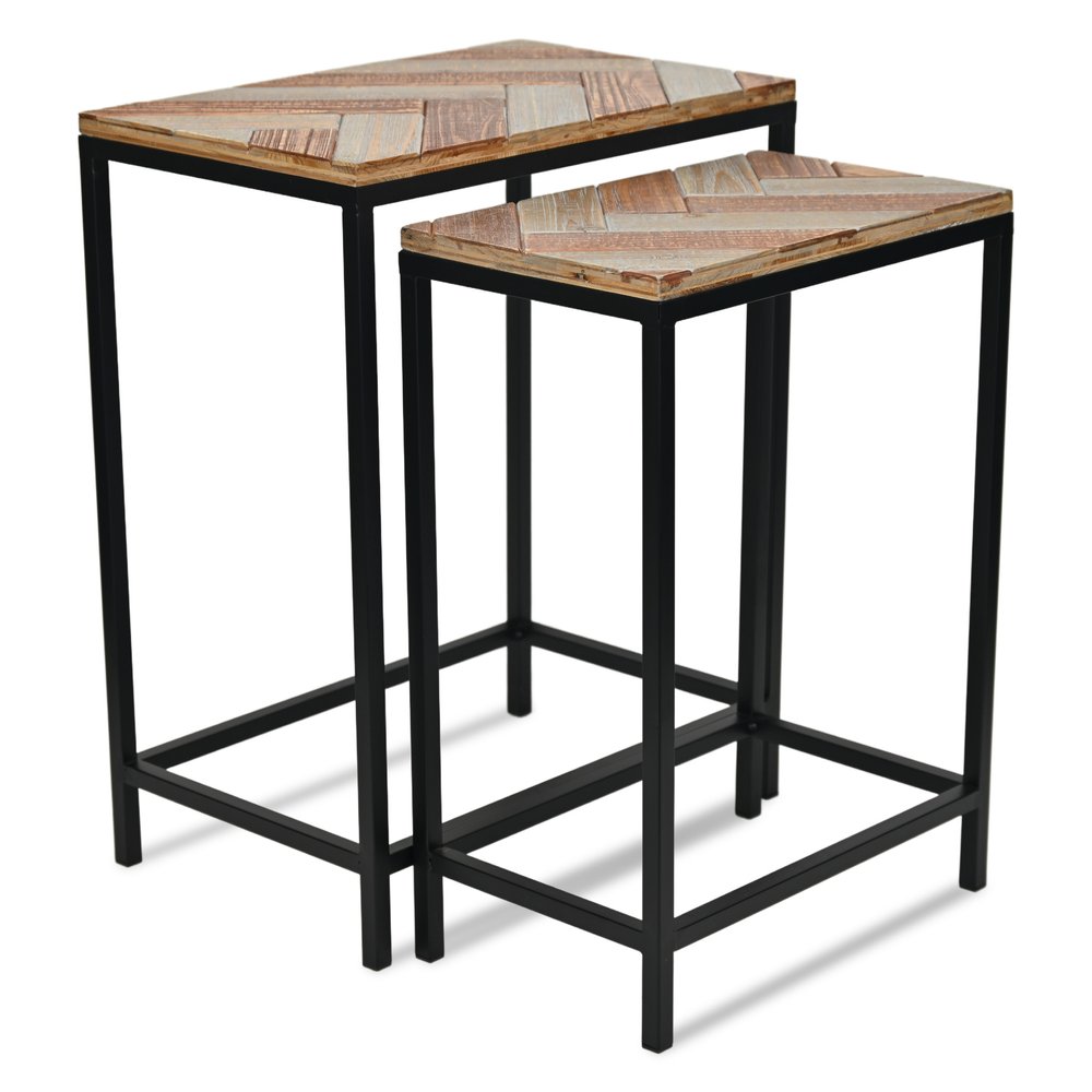 Set of Two 24" Black And Brown Solid Wood And Steel Nested Tables