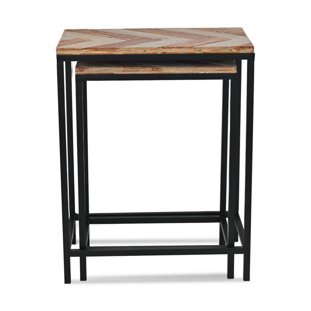 Set of Two 24" Black And Brown Solid Wood And Steel Nested Tables