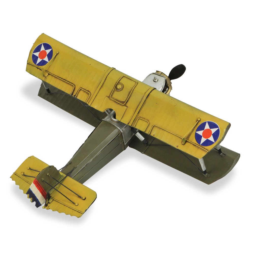 6" Yellow and Green Metal Hand Painted Model Airplane Tabletop Sculpture
