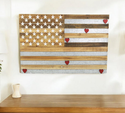 24" X 36" Brown and Gray Stars And Stripes Wood and Metal Hanging Dimensional Sculpture