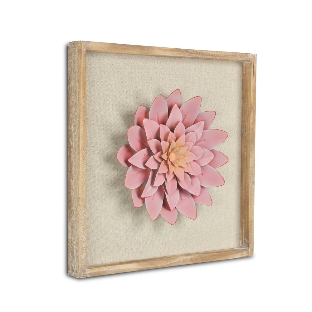 12" X 13" Pink and Off White Flower Wood and Metal Wall Decor