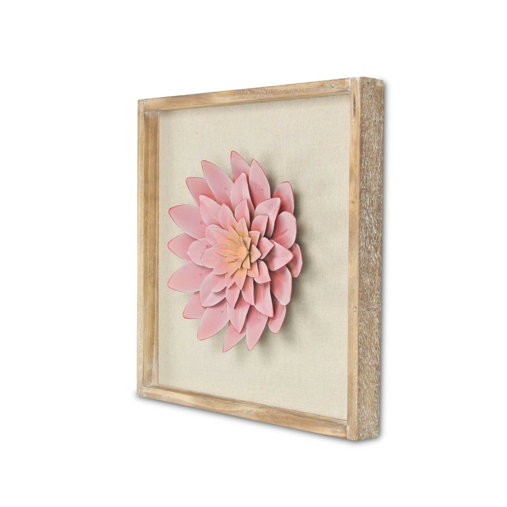 12" X 13" Pink and Off White Flower Wood and Metal Wall Decor