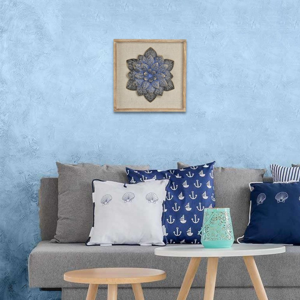 12" X 13" Dark Blue Flower Wood and Metal Wall Decor
