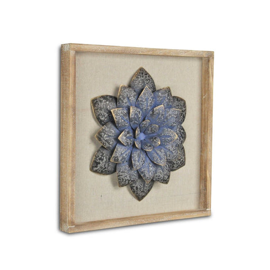 12" X 13" Dark Blue Flower Wood and Metal Wall Decor