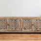 86" Natural Carved Floral Distressed Solid Wood Enclosed Storage TV Stand