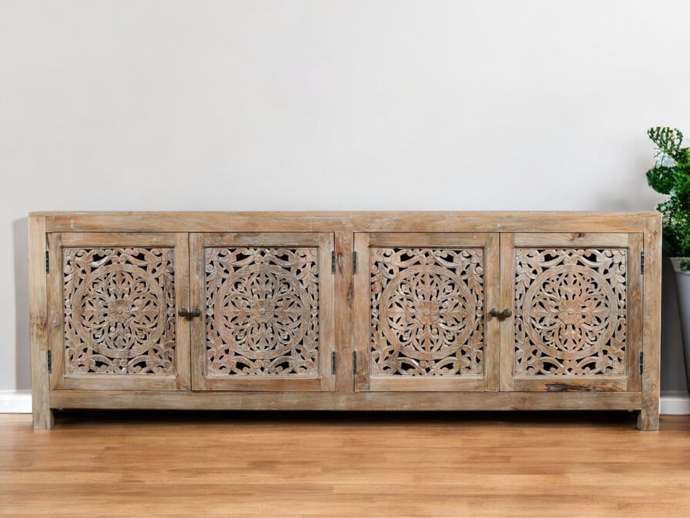 86" Natural Carved Floral Distressed Solid Wood Enclosed Storage TV Stand