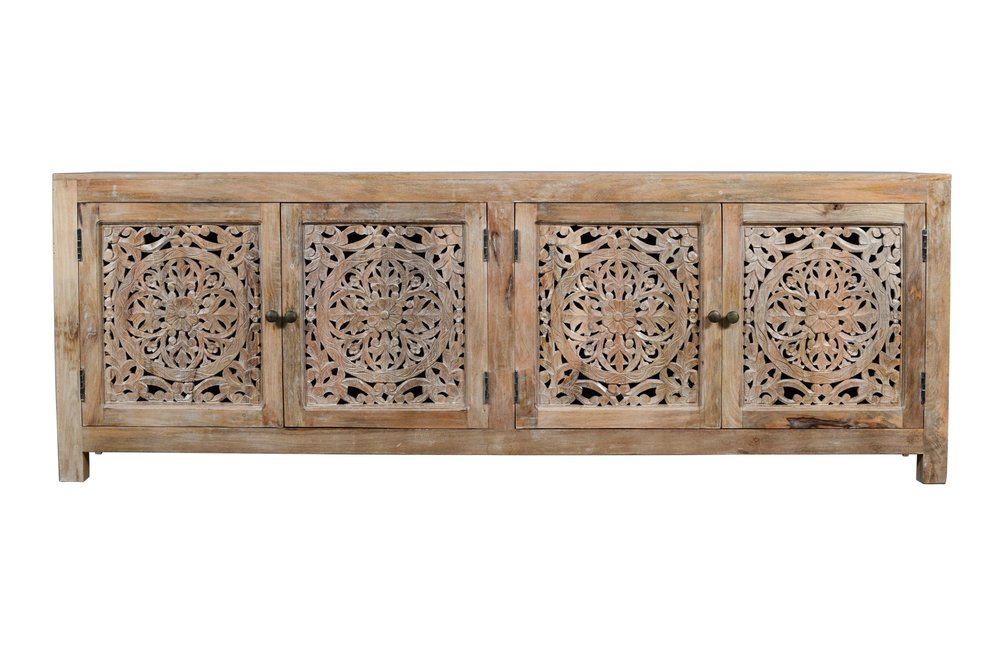 86" Natural Carved Floral Distressed Solid Wood Enclosed Storage TV Stand