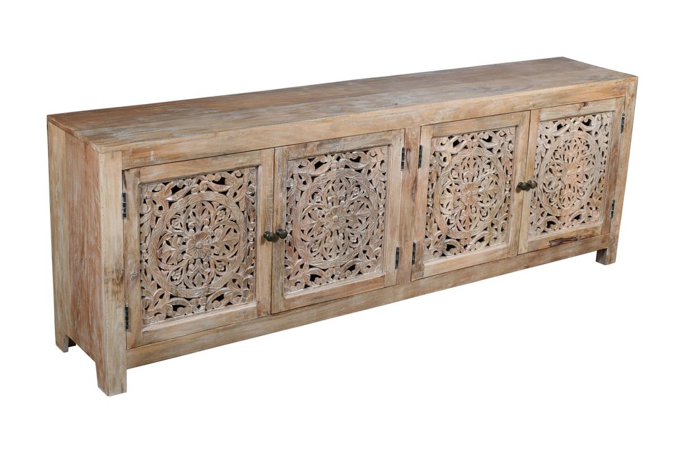 86" Natural Carved Floral Distressed Solid Wood Enclosed Storage TV Stand