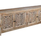 86" Natural Carved Floral Distressed Solid Wood Enclosed Storage TV Stand