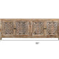 86" Natural Carved Floral Distressed Solid Wood Enclosed Storage TV Stand
